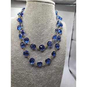 Vintage Blue Glass Bezel Set Long Necklace Gold Tone Faceted Stones